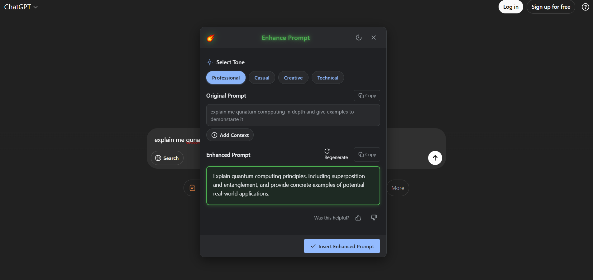 Screenshot: Enhancing a prompt in action