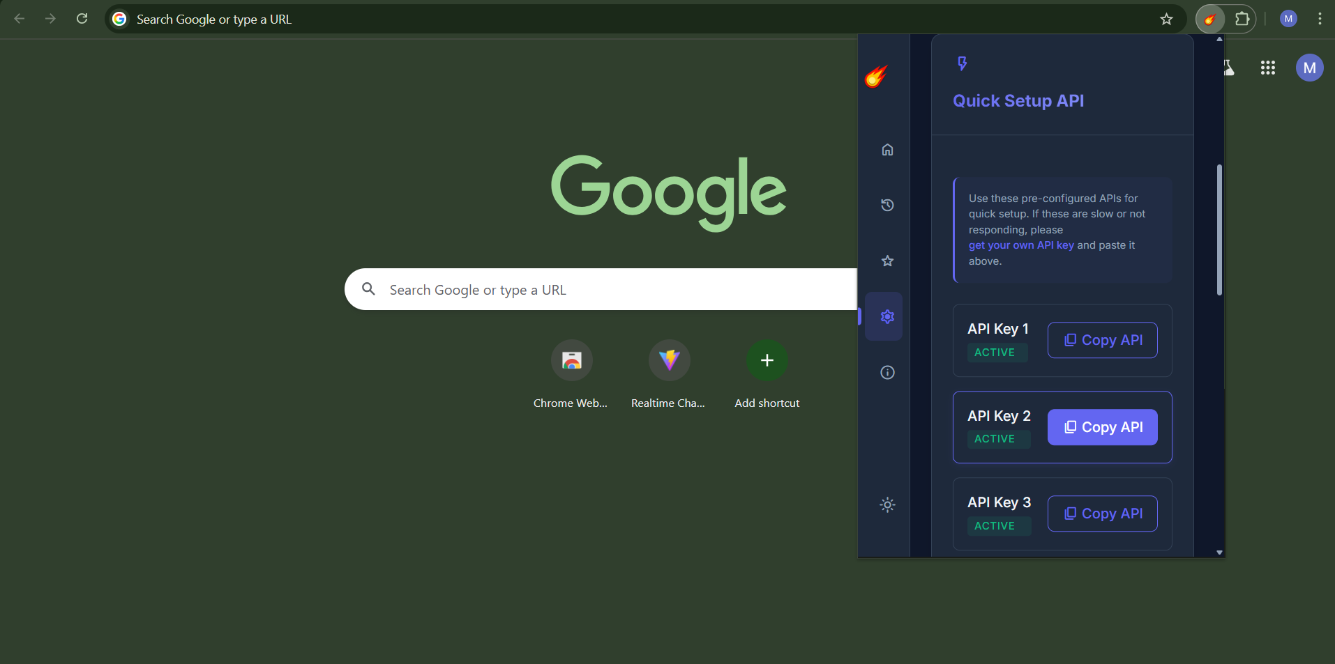 Screenshot: Quick setup API options
